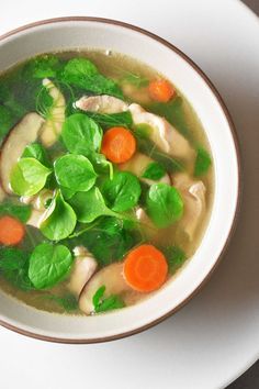 a bowl of soup with carrots, spinach and chicken on a white plate