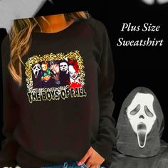 Introducing The Popular Women's Plus Size "The Boys Of Fall" Black Sweatshirt Featuring The Iconic Horror Greats: Ghostface, Jason, Freddy Krueger, Michael Myers, And Penny Wise. This Black Sweatshirt Boasts A Striking Design With The Words "The Boys Of Fall" Alongside The Chilling Images Of These Beloved Characters. Made With Comfort In Mind, This Sweatshirt Is Crafted From Soft, High-Quality Polyester That Feels Amazing Against Your Skin. It's Perfect For Cool Weather And Ideal For Fans Of The Black T-shirt With Character Print For Winter, Casual Black Sweatshirt With Character Print, Black Band Merch Sweatshirt For Fall, Black Character Print Sweatshirt For Fall, Black Cotton Sweatshirt With Character Print, Black Character Print T-shirt For Winter, Black Crew Neck Sweatshirt With Character Print, Black Tops With Character Print For Fall, Black Character Print Top For Fall