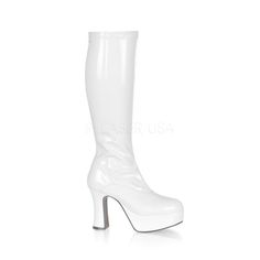 4" Chunky Heel White Stretch Pat Platform Gogo Boots | Shoecup.com Platform Gogo Boots, 70s Boots, Costume Boots, Knee High Platform Boots, Gogo Dancer, Knee High Heels, Patent Leather Boots, Gogo Boots, Costume Shoes