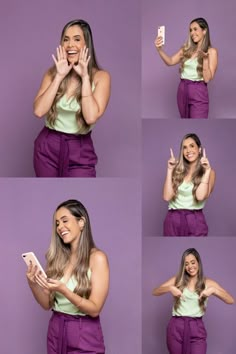 a woman in purple pants holding up her cell phone and making the peace sign with her hands