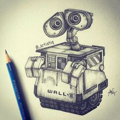 a pencil drawing of a robot with two speakers on it's head and the word wall - e in front of it