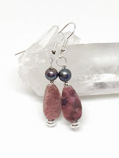 Rhodonite & gray pearl earrings, June birthstone jewelry, pink teardrop healing stone jewelry Pink Teardrop Earrings With Natural Stones, Elegant Jewelry With Natural Rhodonite Stones, Elegant Rhodonite Jewelry With Natural Stones, Rhodonite Jewelry, Pearl Silver Earrings, Grey Pearl Earrings, Healing Stones Jewelry, Easter Jewelry, Gray Jewelry