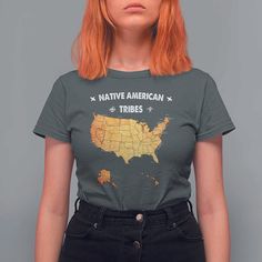 a woman with red hair is wearing a t - shirt that says native american trades