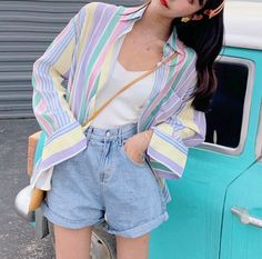 Mode Pastel, Outfits Pastel, Stripe Blouse, Pastel Outfit, K Fashion, Straight Cut Jeans, Pastel Fashion, Striped Long Sleeve Shirt, Imagine Dragons