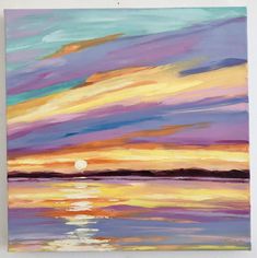 an abstract painting of the sun setting over water