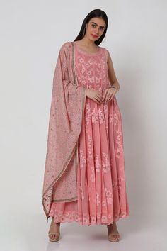 Pink anarkali with mesh of floral motifs, embroidered scallop detail hem and in-seam lace detail. Comes with churidar and georgette dupatta.
Component: 3
Embroidered
Neckline: Round
Sleeve Length: Sleeveless
Fabric: Anarkali and Dupatta: Georgette; Churidar: Power Net
Color: Pink
Tie-up back
 - Aza Fashions Semi-stitched Bollywood Lace Salwar Kameez, Georgette Chandbali Dupatta With Intricate Embroidery, Unstitched Anarkali Set With Intricate Embroidery, Anarkali Set With Intricate Embroidery And Straight Kurta, Anarkali Set With Intricate Embroidery Maxi Length, Floor-length Lace Dupatta, Festive Maxi Length Dress With Lace Work, Anarkali Set With Intricate Embroidery In Georgette, Anarkali Style Sharara With Lace Work For Reception