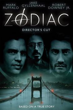 the movie poster for zodiac starring two men in front of a bridge