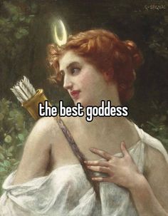 a woman with red hair holding a bird in her hand and the words, the best goddess