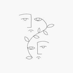 a line drawing of two faces with leaves on them