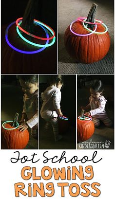 a collage of photos showing how to use glowing rings on pumpkins for arts and crafts