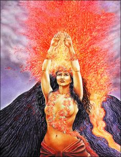 a painting of a woman holding her hands up in the air with fire behind her