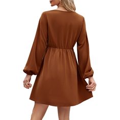 Caramel V Neck Ruffle Detail Long Sleeve Dress Brown V-neck Dress With Ruffle Hem, Brown V-neck Solid Color Dress, Brown V-neck Solid Dress, Brown V-neck Dress, Chic Brown Mini Dress With Ruffles, Brown V-neck Mini Dress With Ruffle Hem, Brown Solid Color Mini Dress, Chic Brown Mini Dress With Ruffle Hem, Elegant Brown Mini Dress With V-neck