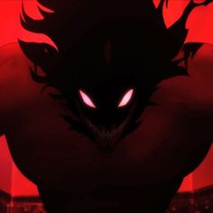 an evil looking demon with glowing eyes in front of a red background that looks like he has his back turned to the camera