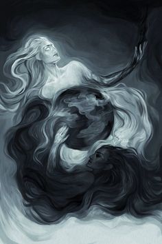 a woman in black and white is floating through the air with her hair blowing up