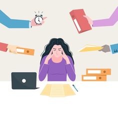 a woman sitting at a desk with her hands on her head and several other people around her