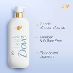 Dove Ultra Sensitive Body Wash is carefully formulated with only 10 essential ingredients and is fragrance free to gently cleanse even the most sensitive skin. This gel body wash transforms into bubbly lather to gently cleanse and care for sensitive skin. Dove teamed up with leading dermatologists and beauty experts to create a new shower collection that brings expert skin care into your shower. Infused with the ingredients you already love using on your face (hello, hyaluronic acid!), these bod Wellness Era, Sensitive Body Wash, Liquid Body Wash, Dove Beauty, Dove Body Wash, Gentle Skin Cleanser, Beauty Serums, Stretch Mark, Body Cleanse