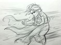 a drawing of a woman running on the beach with her hair blowing in the wind