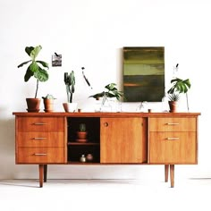 a wooden sideboard with potted plants on top and an instagram page below