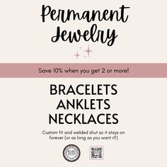 Introducing our newest accessory - Permanent Jewelry! A chain that is custom sized to fit you perfectly, and then welded for a permanent hold. No clasp, no mess! This process is easy and fun - treat yourself, bring a friend to get matching bracelets, or surprise someone with a special gift that will last forever. If you're looking for a unique fashion statement or a way to commemorate a special occasion, Permanent Jewelry is the perfect choice. Made from high-quality materials, each piece is car Permanent Jewelry, Bring A Friend, Tarnish Remover, Boho Chic Jewelry, Fun Treats, Broken Chain, Chic Jewelry, Matching Bracelets, Jewelry Party