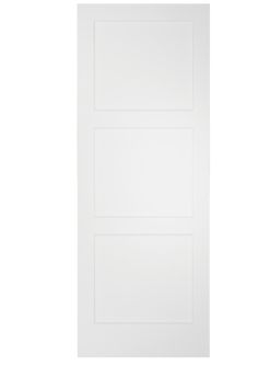 a white door with two panels on the bottom and one panel in the middle, against a