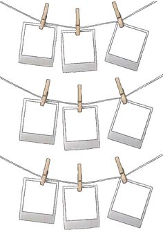 four square frames hanging on clothes pins with clothes pins attached to them, and two blank ones