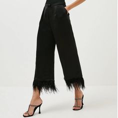 Nwt! Karen Millen Viscose Satin Crepe Feather Hem Trousers Size Us2 Notes: -Absolutely Gorgeous -Sold Out Style -Hem Stitching Is Not Super Intact, Careful When Trying Them On! May Need To Ask A Tailor To Secure It For You Elegant Bottoms For Going Out In Spring, Elegant Bottoms For Going Out In Fall, Spring Party Pants With Belt Loops, Elegant Spring Bottoms With Feather Trim, Elegant Feather Trim Bottoms For Summer, Summer Party Bottoms With Feather Trim, Elegant Party Bottoms With Feather Trim, Chic Feather Trim Bottoms For Night Out, Elegant Fitted Bottoms With Feather Trim