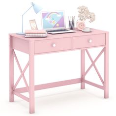 PRICES MAY VARY. Stable Constructure---The pink vanity desks crafted from high-grade thickened MDF Board with Eco-friendly coating, features scratch-resistant, waterproof and easy to clean. Four 1.58” x 1” strong legs ensure the best stability. This small desk with storage features a clean-lined x-shaped cross brace on each side, provides extra sturdy and stable support. Simple Style---The minimalist design with clean lines bring a touch of modern to your home or office, well match any decor in Small Desk Amazon, Bedroom Desk Pink, Pink Bedroom Desks, Girly Pink Desk, Pink Lily Office, Simple Pink Desk, Desks Pink, Pink Makeup Vanity, Desk For Bedroom