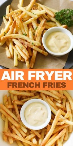 air fryer french fries on a plate with dipping sauce