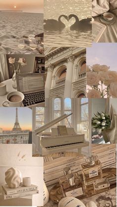 a collage of photos with flowers, piano and other things in it that are all over the place