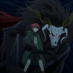 two anime characters standing next to each other in front of a demonic demon with red eyes