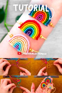 Imágenes con el tejido de una pulsera con un arcoíris en el centro y mostacillas, se comparte el tutorial paso a paso. Rainbow Thread Bracelet, Skye Paw Patrol Cake, Diy Macrame Tutorial, Macrame Bracelet Tutorial, Paracord Knots, Rainbow Macrame, Paw Patrol Cake, Bracelets Handmade Diy, Thread Bracelets