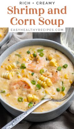 two bowls filled with shrimp and corn soup