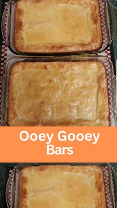 three baking pans filled with gooey gooey bars