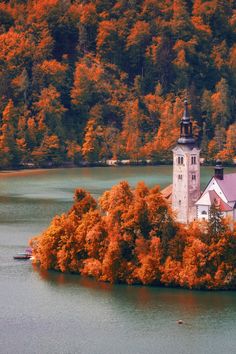 an island in the middle of a lake surrounded by trees with orange and yellow leaves