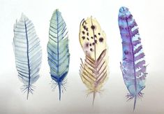 four different colored feathers are lined up in a row on a white surface with watercolor paint