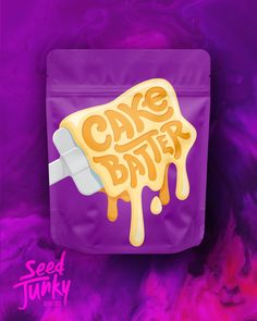 a purple bag with the words cake batter on it and yellow drips coming out of it