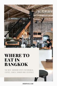 a restaurant with the words where to eat in bangkok, and an image of people sitting at