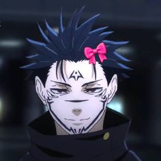 an anime character with blue hair wearing a black hoodie and pink bow in his hair