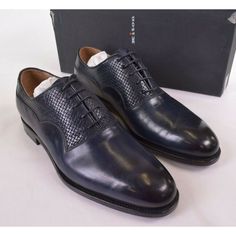 Kiton Blue Navy Elegant Oxfords For Business, Elegant Navy Oxfords For Business, Elegant Navy Oxfords With Round Toe, Elegant Navy Oxfords For Formal Occasions, Navy Formal Oxfords With Plain Toe, Navy Plain Toe Oxfords For Formal Occasions, Elegant Blue Lace-up Oxfords, Blue Leather Shoes With Textured Sole And Plain Toe, Elegant Navy Business Dress Shoes