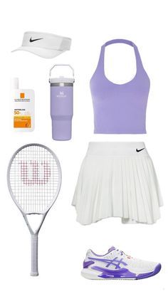 a woman's tennis outfit is shown in purple, white and blue with accessories