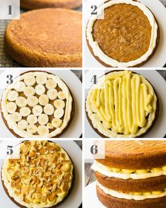 the steps to make a cake with bananas and other toppings on top are shown