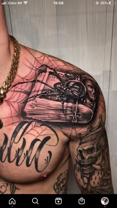 an image of a man's chest with tattoos on it and the words wild written in black ink