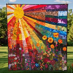 a colorful quilt is hanging in the grass