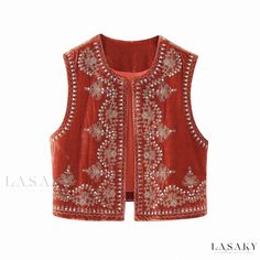 Lasaky - Sleeveless Slim Fit Outerwear Vest with Sequin Embroidery - Perfect for Layering Embroidered Waistcoat, Vest Puffer, Chaleco Casual, Y2k Cardigan, Waistcoat Woman, Embroidered Vest, Crop Vest, Hippie Top, Velvet Vest