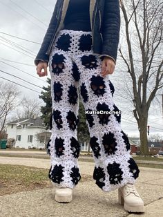 Crochet white skull wide leg  streetwear pants trousers Disclaimer they are holey, so they are a bit see through  Not made from a blanket. Completely constructed by hand by me Handmade with acrylic yarn. These pants took forever  Ready to ship! Only one pair in stock  check measurements prior to purchasing to ensure proper fit Womens large/ mens medium Waist band 15 inches  Hips 18 inches stretches to 20  Inseam 36 inches  Rise 9.5 inches (modeled on 27/38) Skulls grunge pastel pastelgoth mall m Skull Granny Square, Crocheted Pants, Skull Pants, Outfit Ideas Christmas, Pants Ideas, Grunge Pastel, Trousers Pattern, Trouser Pattern, Crochet Skull