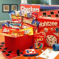 several games and dices on a wooden table