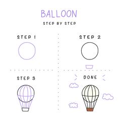 step by step instructions for how to draw a hot air balloon in 3 easy steps