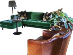 a living room with green velvet couches and matching chairs in front of a lamp