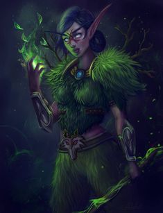 a painting of a woman in green costume holding a wand and looking at the camera