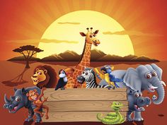 cartoon wild animals standing around a wooden sign in front of an african landscape at sunset